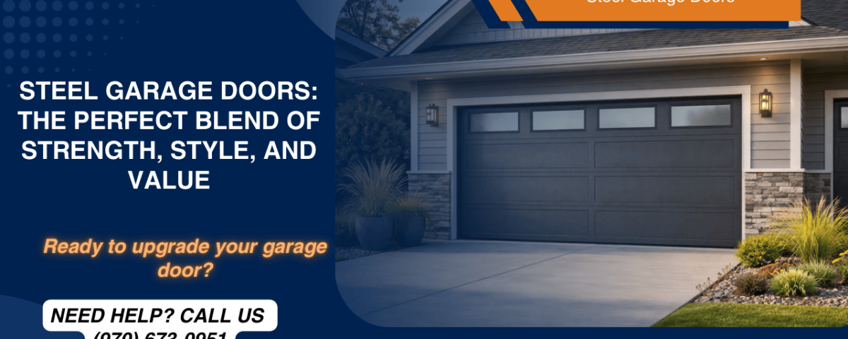 Modern white steel garage door with windows installed on a luxury brick home