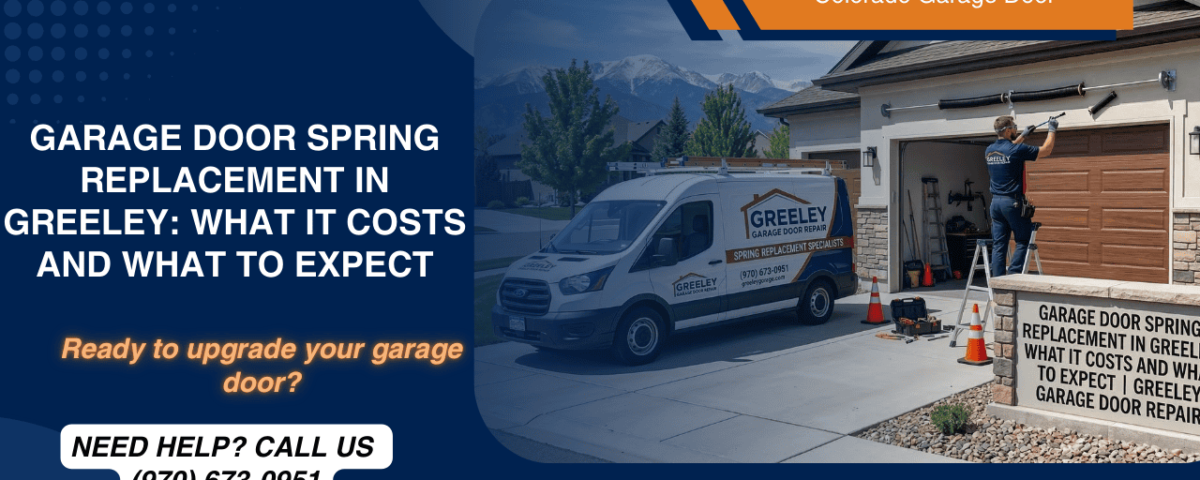 A Greeley Garage Door Repair technician installing a new torsion spring onto a residential garage door with Rocky Mountains in the background.