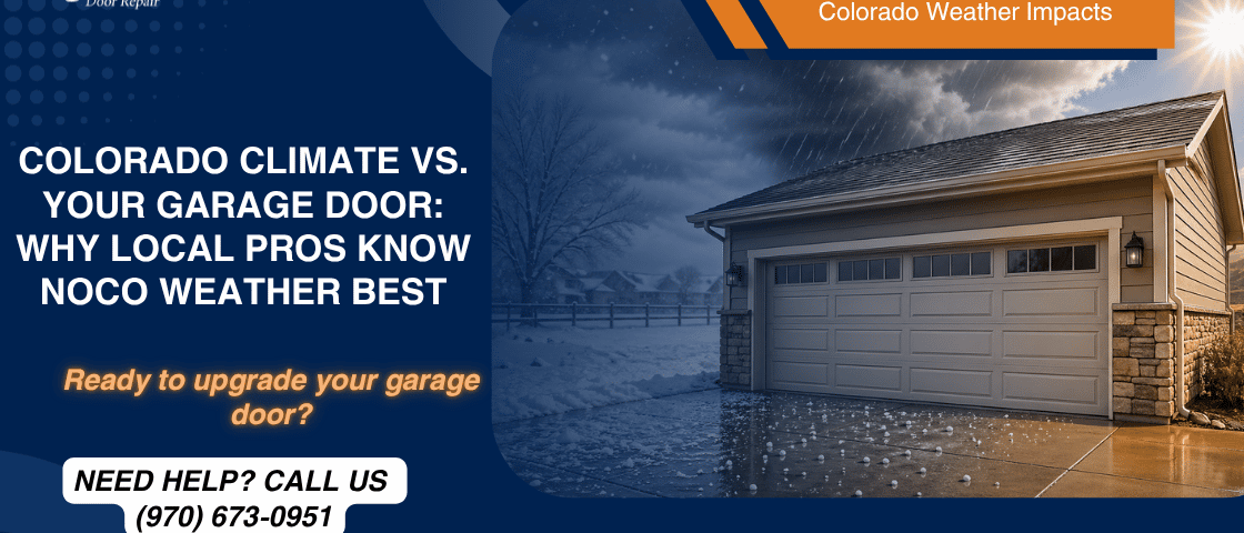 Colorado garage door in Greeley showing snow, rain, hail, and sunshine to illustrate how Northern Colorado weather impacts garage door performance year-round.