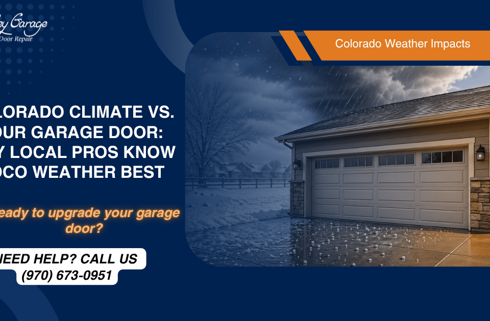 Colorado garage door in Greeley showing snow, rain, hail, and sunshine to illustrate how Northern Colorado weather impacts garage door performance year-round.