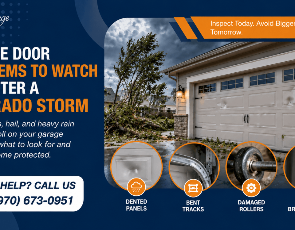 Garage door damage after a Colorado storm with dented panels, bent tracks, damaged rollers, and loose cables